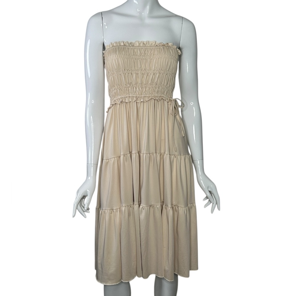 Cream Smocked Dress Size Small Tiered Skirt Strapless Cottagecore Peasant